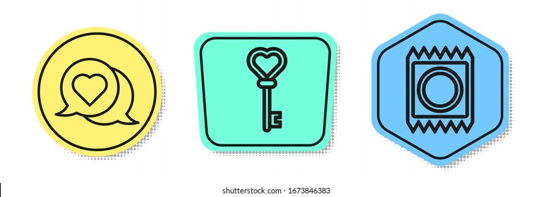 Fije la línea Corazón en burbuja de habla, Clave en forma de corazón y Condón en el paquete. Formas coloreadas. Vector