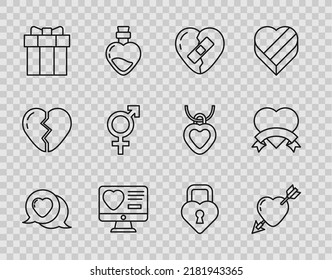 Set line Heart in speech bubble, Amour with heart and arrow, Healed broken, Dating app online, Gift box, Gender, Castle the shape of and  icon. Vector