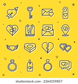Set line Heart in speech bubble, Two Linked Hearts, Location with heart, Envelope Valentine, Calendar February 14, Healed broken or divorce, Amour and arrow and  icon. Vector