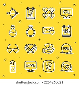 Set line Heart in speech bubble, Speech text I love you, Calendar with February 14, Love, Wedding rings, Bottle potion, Bow and arrow and Envelope Valentine heart icon. Vector