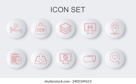 Set line Heart in speech bubble, Clipboard with medical insurance, Layers, Chat, Hospital bed, Weight, Upload inbox and Monitor and shield icon. Vector