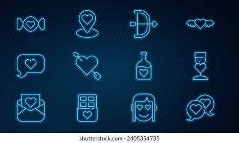 Set line Heart in speech bubble, Glass of champagne, Bow and arrow, Amour with heart, Candy, Bottle love potion and Location icon. Vector