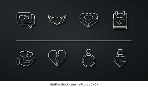 Set line Heart in speech bubble, hand, Calendar with heart, Wedding rings, Broken or divorce, wings, Bottle love potion and Candy shaped box icon. Vector