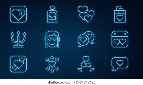 Set line Heart in speech bubble, Calendar with heart, Romantic girl, Candlestick, Broken or divorce,  and Perfume icon. Vector