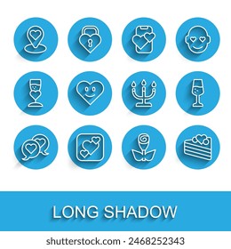 Set line Heart in speech bubble, Location with heart, Flower rose, Wedding cake, Glass of champagne and Candlestick icon. Vector