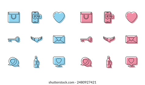 Set line Heart in speech bubble, Champagne bottle, Shopping bag, Like and heart, with wings, Envelope Valentine, Key shape and Mobile icon. Vector