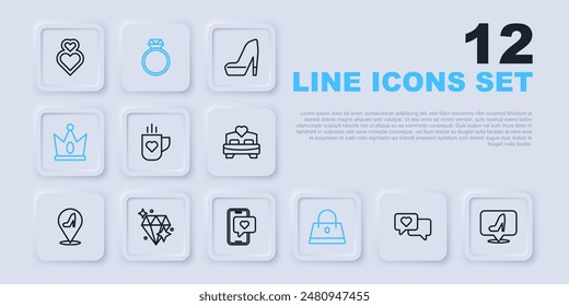 Set line Heart in speech bubble, Woman shoe, Coffee cup and heart, Handbag, King crown, Diamond, engagement ring and Mobile with icon. Vector