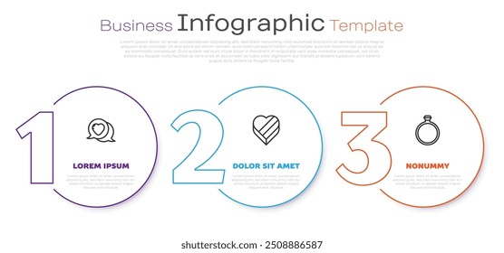 Corazón en la burbuja del discurso, la caja en forma de corazón del caramelo y el anillo de compromiso del diamante. Plantilla de infografía de negocios. Vector