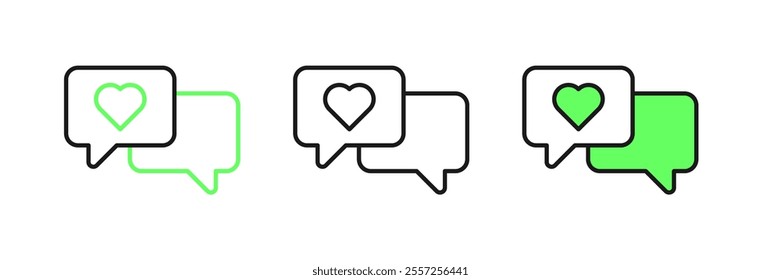 Set line Heart in speech bubble icon isolated on white background. Happy Valentines day.  Vector