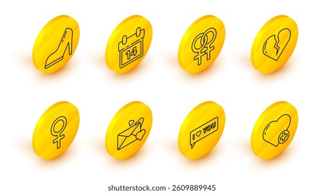 Set line Heart, Speech bubble with I love you, Envelope heart, Female gender symbol, Broken or divorce, Calendar February 14 and Woman shoe high heel icon. Vector