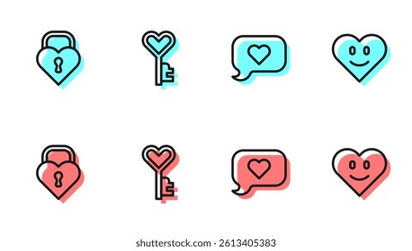 Set line Heart in speech bubble, Castle the shape of heart, Key and  icon. Vector