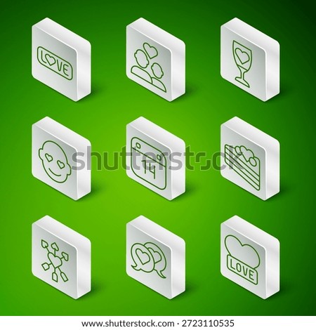 Set line Heart, in speech bubble, Love text, Calendar with February 14, Romantic man, Lover couple, Amour heart and arrow and Wedding cake icon. Vector