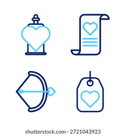 Set line Etiqueta de corazón, arco y flecha, sobre con corazón de San Valentín y botella icono de poción de amor. Vector