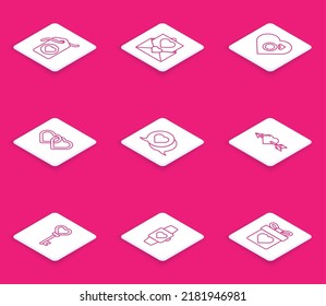 Fijar la etiqueta de Corazón, Sobre con corazón de San Valentín, género masculino, Dos corazones vinculados, burbuja de habla, Amor y flecha, Forma de clave y icono de reloj de pulsera central. Vector