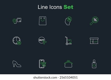 Set line Heart tag, Wallet, Mobile with shopping cart, Woman shoe, Market store, Hand truck and boxes, Buy button and Clock percent discount icon. Vector