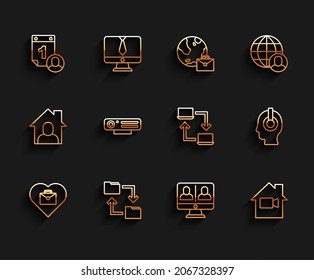 Set Line Heart With Text Work, Cloud Storage Document Folder, Time Management, Video Chat Conference, Camera Off In Home, Web, Freelancer And Online Working Icon. Vector