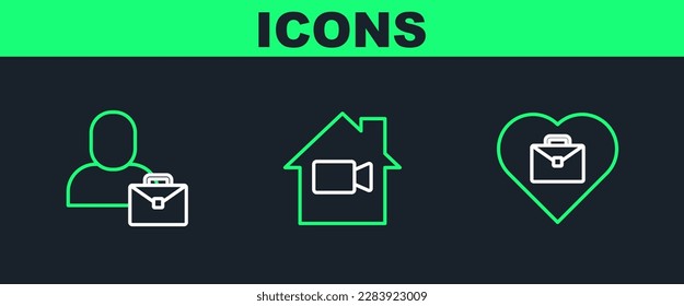 Set line Heart with text work, Freelancer and Video camera Off in home icon. Vector