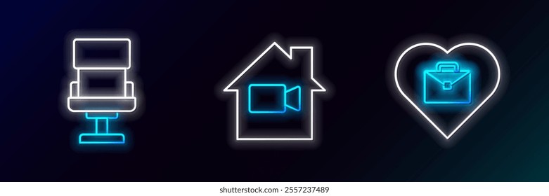 Set line Heart with text work, Office chair and Video camera in home icon. Glowing neon. Vector