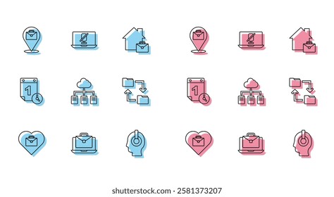 Set line Heart with text work, Online working, Freelancer, Cloud storage document folder, Time management and Mute microphone on laptop icon. Vector