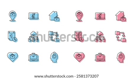 Set line Heart with text work, Online working, Freelancer, Cloud storage document folder, Time management and Mute microphone on laptop icon. Vector