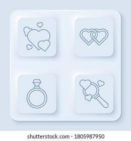 Línea Corazón, Dos Corazones Vinculados, Anillo de compromiso de Diamantes y Buscar corazón y amor. Botón cuadrado blanco. Vector