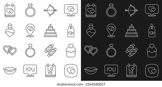 Set line Heart, Wedding cake, Please do not disturb with heart, Bow and arrow, Location, Bottle love potion, Calendar and  icon. Vector