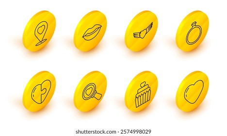 Set line Heart, Wedding cake with heart, Search and love, Diamond engagement ring, wings, Smiling lips and Location icon. Vector