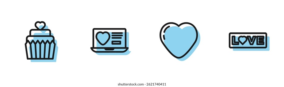 Definir linha Coração, bolo de casamento com coração, Namoro app online e Amor ícone de texto. Vetor