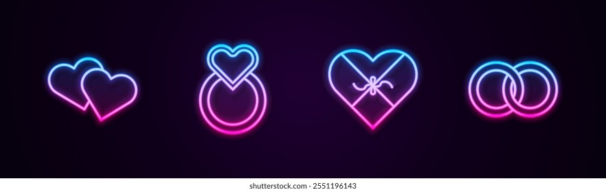 Set line Heart, Wedding rings, Candy heart shaped box and . Glowing neon icon. Vector