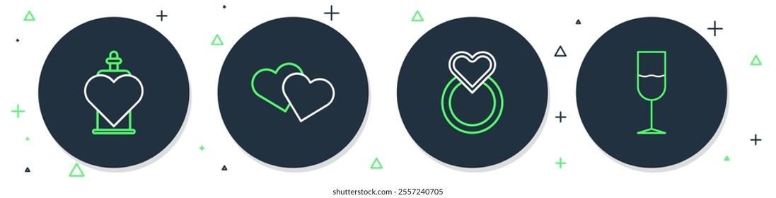 Set line Heart, Wedding rings, Bottle with love potion and Wine glass icon. Vector