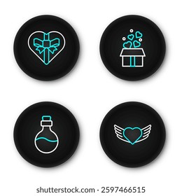 Set line Heart with wings, Bottle love potion, Gift box hearts and Candy shaped icon. Vector