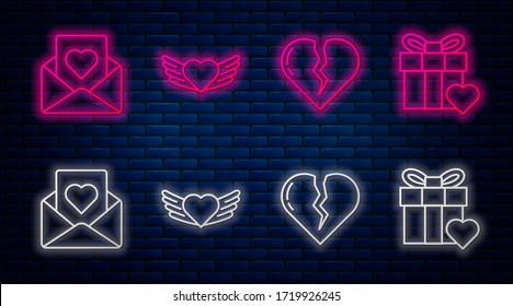 Set line Heart with wings, Broken heart or divorce, Envelope with heart and Gift box and heart. Glowing neon icon on brick wall. Vector