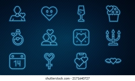 Fijar la línea Corazón con alas, Candlestick, Vidrio de champán, pareja Lover, poción de amor de botella, hombre romántico e ícono. Vector