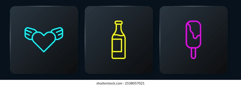 Set line Heart with wings, Ice cream and Wine bottle. Black square button. Vector