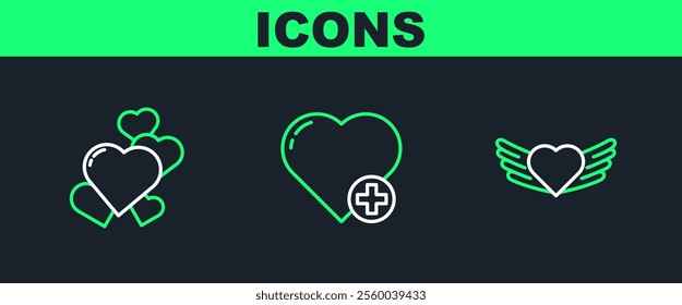 Set line Heart with wings,  and  icon. Vector