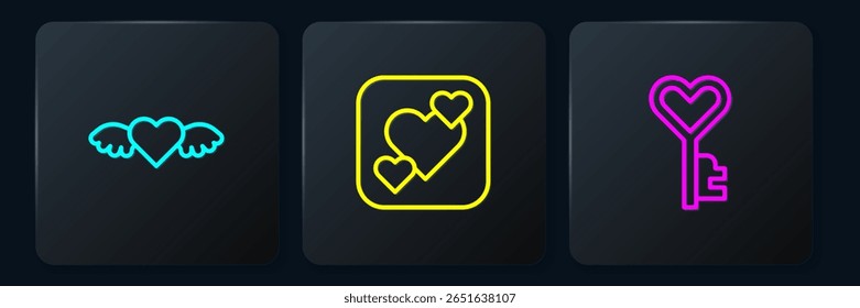 Set line Heart with wings, Key heart shape and . Black square button. Vector