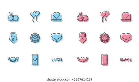 Set line Heart with wings, Mobile phone heart, Wedding rings, Love text, the center of darts target aim, Candy shaped box, Castle and Balloons form icon. Vector