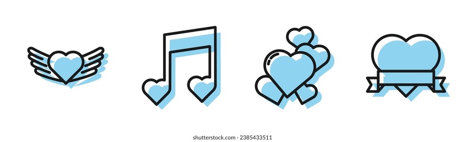 Set line Heart, Heart with wings, Music note, tone with hearts and Heart and ribbon icon. Vector