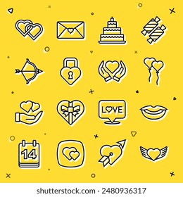 Set line Heart with wings, Smiling lips, Balloons form of heart, Wedding cake, Castle the shape, Bow and arrow, Two Linked Hearts and hand icon. Vector