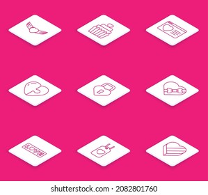 Fijar la línea Corazón con alas, Corazón de torta de boda, Aplicación de citas en línea, Castillo la forma de, caja con forma de Candy, Texto de amor e icono de etiqueta. Vector