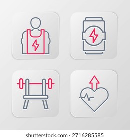 Set Linie Herzschlag erhöhen, Bank mit Langhantel, Energy Drink und Bodybuilder Symbol. Vektorgrafik
