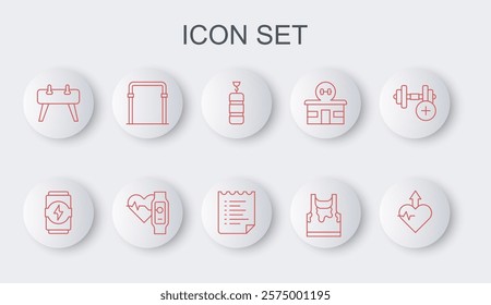 Set line Heartbeat increase, Energy drink, Punching bag, Sweaty sleeveless t-shirt, Pommel horse, Sport horizontal bar, Smart watch with heart and training program icon. Vector