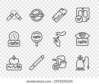 Set line Heartbeat increase, Hookah, Lighter, Cigarette, Broken cigarette, No smoking, Smoking pipe with smoke and Hypnosis icon. Vector