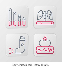 Set line Heartbeat increase, Inhaler, Disease lungs and Smoking cigarette icon. Vector