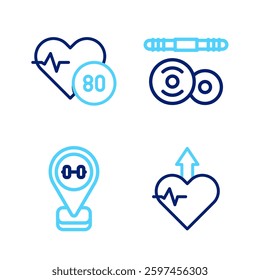 Set line Heartbeat increase, Location gym, Barbell and rate icon. Vector