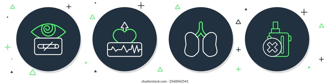 Set line Heartbeat increase, Lungs, Hypnosis and No electronic cigarette icon. Vector