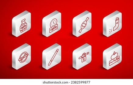 Set line Heartbeat increase, No smoking time, Candy, Inhaler, Nicotine gum blister pack, Cigarette and  icon. Vector