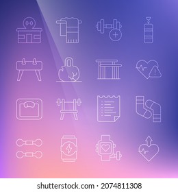 Fijar línea de aumento de latido, calcetines, velocidad, timbre, peso roto, caballo de Pommel, edificio de gimnasia e icono de barras desiguales. Vector