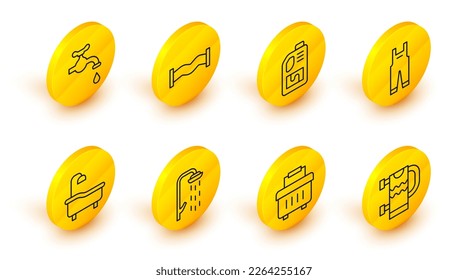Fijar línea Régimen de toallas calentadas, Caja de herramientas, Ducha, Bañera, Techos de trabajo, Botella de limpieza de drenaje, Tubo metálico de la industria e icono de grifo de agua. Vector