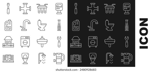 Set line Heated towel rail, Wrench spanner, Toilet brush, Water filter, tap, Drain cleaner bottle, Screwdriver and bowl icon. Vector